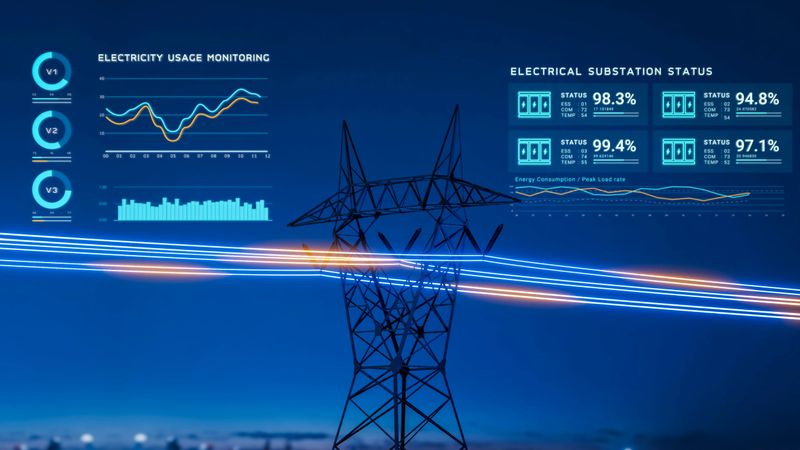 Electric transmission tower with glowing electricity flowing, electrical power transmit from high voltage substation infrastructure to city, energy usage monitoring dashboard interface 3d rendering