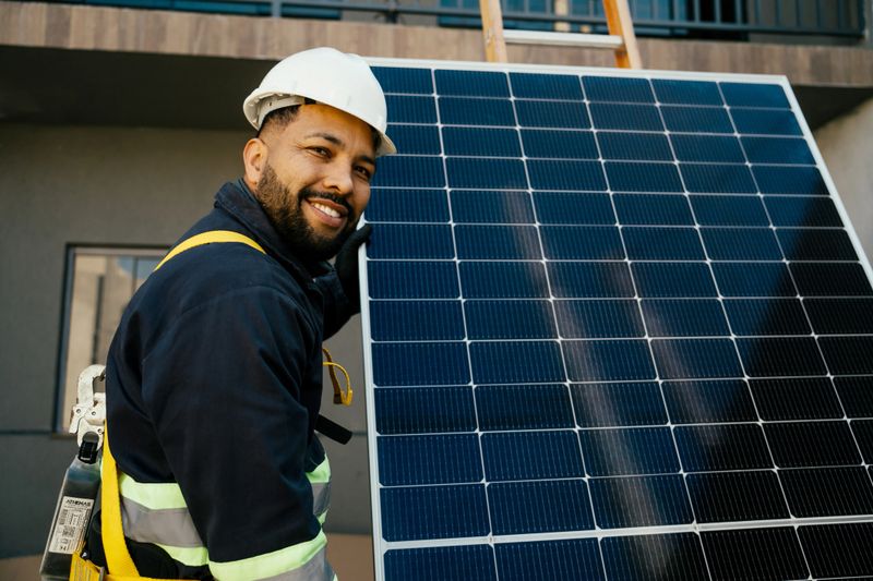 Worker holding solar panel to start installation