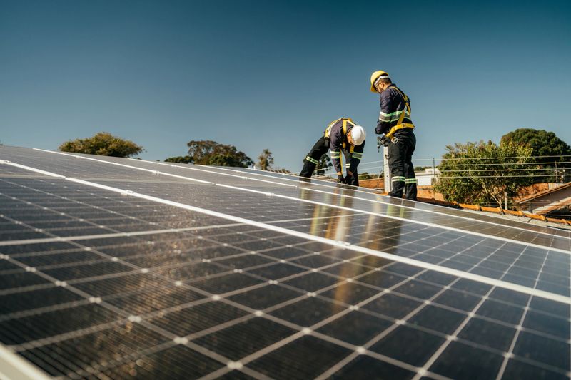 Two workers installing solar panel on roof