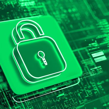 Green digital lock icon symbolizing cybersecurity and data protection.