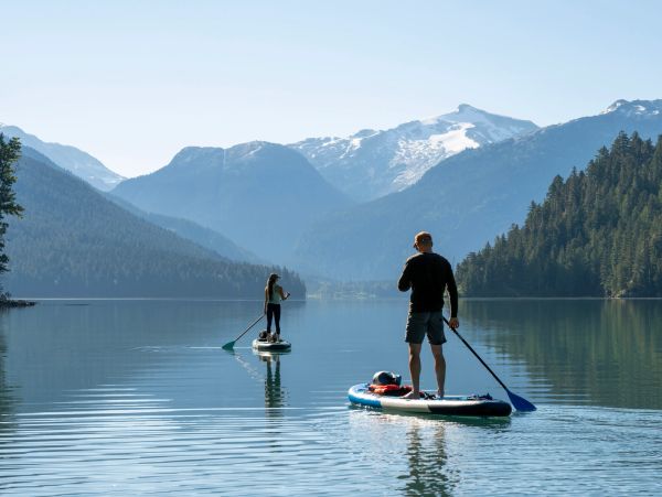 Two people paddleboarding on a serene mountain lake with snow-capped peaks.