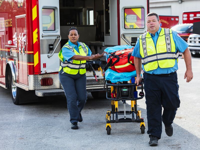 Two multiracial paramedics standing at the rear of a rescue ambulance moving an empty gurney. The woman is Hispanic, in her 40s. Her male partner is in his 50s.