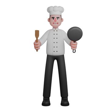 Illustration of a chef holding a spatula and frying pan.