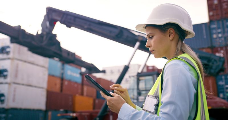 Tablet, containers and logistics worker by crane for heavy loading with global product trade at freight port. Technology, supply chain and female distribution planner with cargo stock for shipping.
