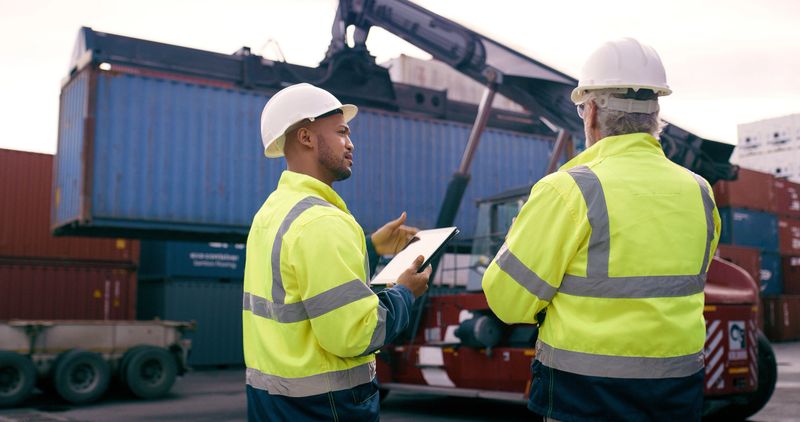 Men, tablet and discussion in container yard for inventory management, stock and supply chain or freight. Supervisor, inspection and quality control in industry, shipping trade and commercial export