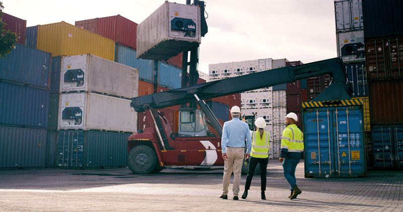Container, inspection and supervisor talking to staff at commercial dock for supply chain logistics. Conversation, crane and shipping with team of people at harbor for export or import from back