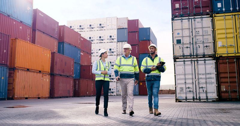 Shipping, cargo and logistics team by containers on export dock for international product trade. Planning, storage and industry employees with freight inventory for global commercial supply chain.