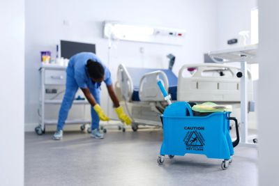 Janitor cleaning the floor in a hospital room with caution sign mop bucket.