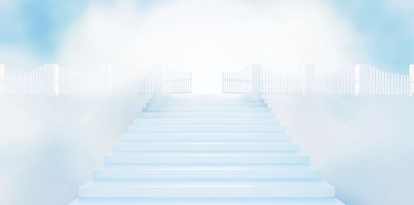 Stairway made of clouds leading to bright heavenly light.