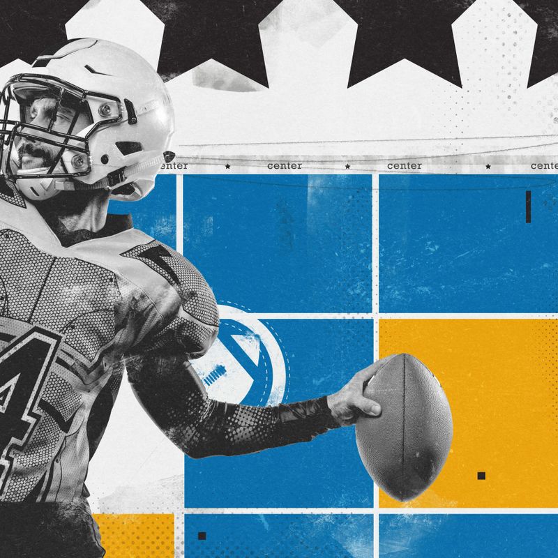 Poster. Contemporary artwork. Football player looks determined as he prepares to pass ball, against dynamic background. Paper texture. Vintage style design. Concept of sport event, champion, victory.