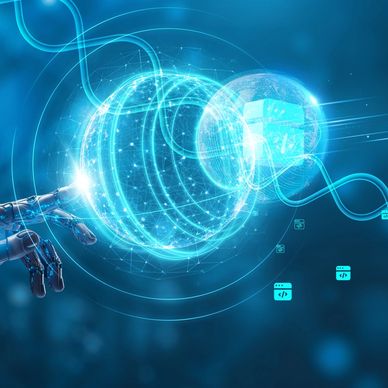 Robotic hand interacting with glowing digital spheres and code icons in a futuristic blue setting.