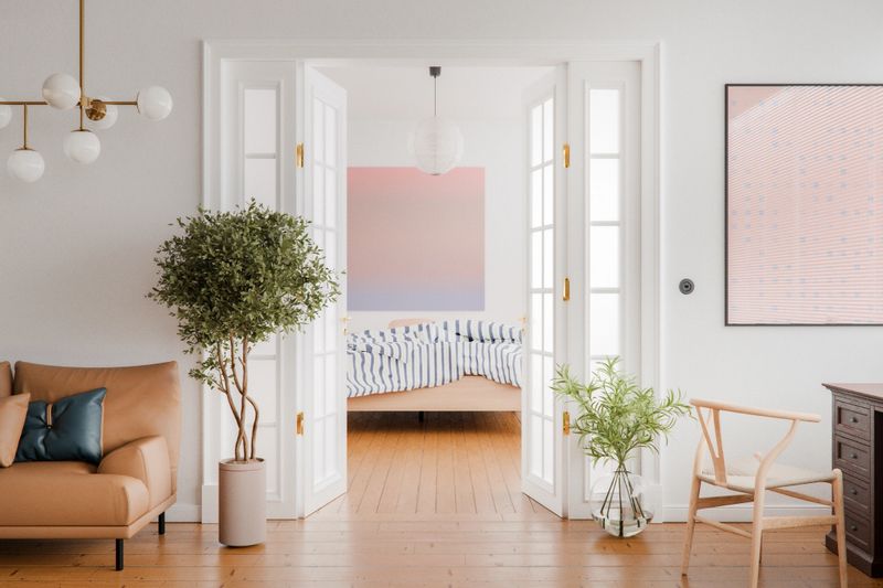 Modern apartment interior. 3D generated image. All wall artworks are my own images and are just simple 3D generated pictures.