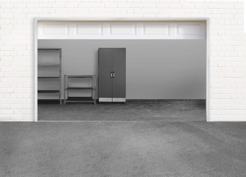 Open garage Interior with tools cabinets and boxes