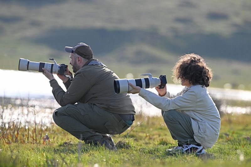 Man and child taking photos in nature.