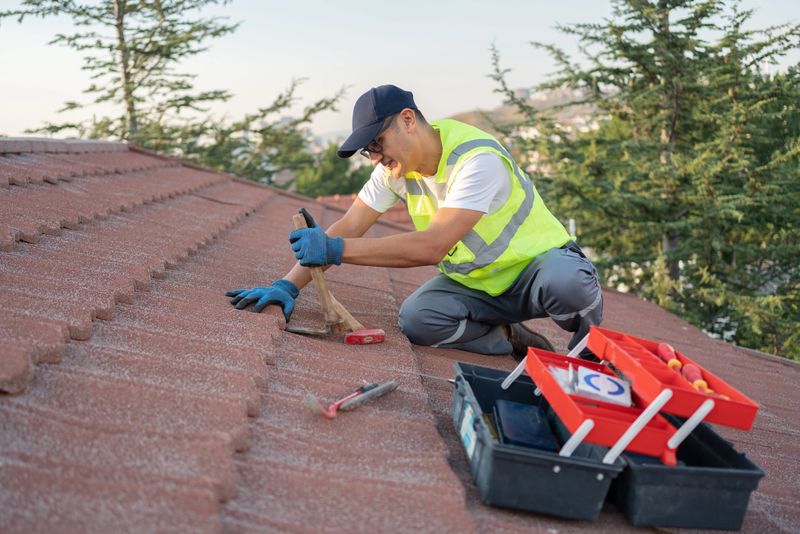 Roofer Construction Worker Replace Tile Of The Old Roof