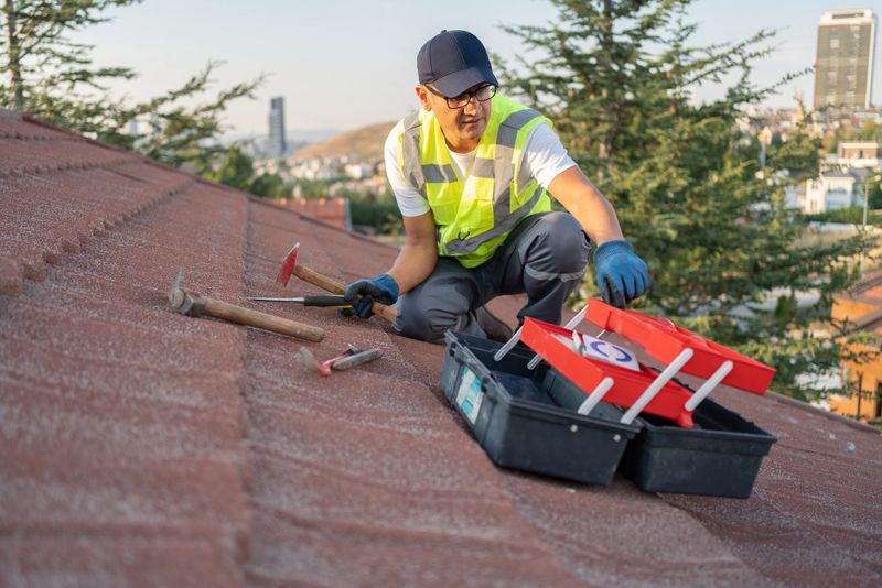 Roofer Construction Worker Replace Tile Of The Old Roof