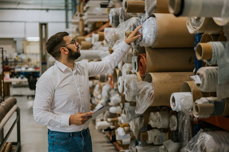 A man in a white shirt and jeans inspects rolls of textile fabric in a warehouse. He is holding a tablet in one hand, while his other hand reaches out to touch a roll. The fabric rolls are stacked in a shelving unit, and there are many other rolls of fabric in the background.