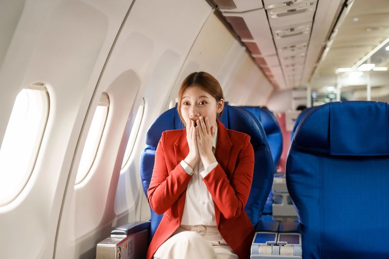 An Asian businesswoman travels abroad by plane, sitting near the window. She reads a book and uses her computer, utilizing her airline credit card to manage travel expenses efficiently.