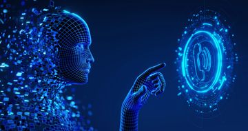 Digital human interacting with a glowing phone icon in a futuristic interface.