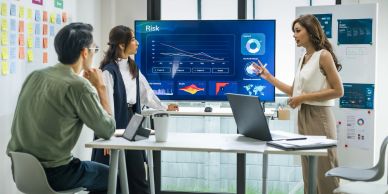 Professional woman presenting risk analysis to colleagues.