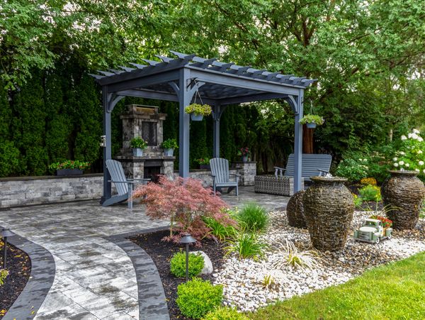 A beautifully landscaped backyard patio with a pergola, fireplace, and water features.