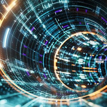 Futuristic digital tunnel with glowing blue and orange light patterns.