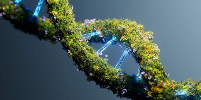 A glowing 3D illustration of a DNA double helix wrapped in lush green foliage and tiny flowers, combining biotechnology and nature in a futuristic scientific concept.

