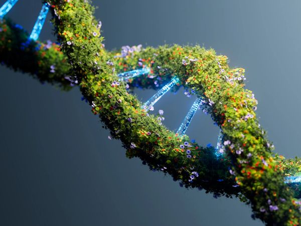 DNA strand covered with grass and flowers.