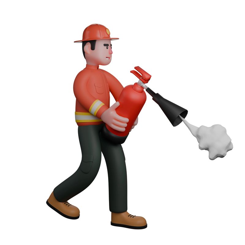 3D Firefighting Practitioner. A firefighter is using a fire extinguisher to put out a small fire. Male Firefighter