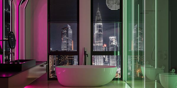 beautiful soaking tub with the New York skyline behind it.