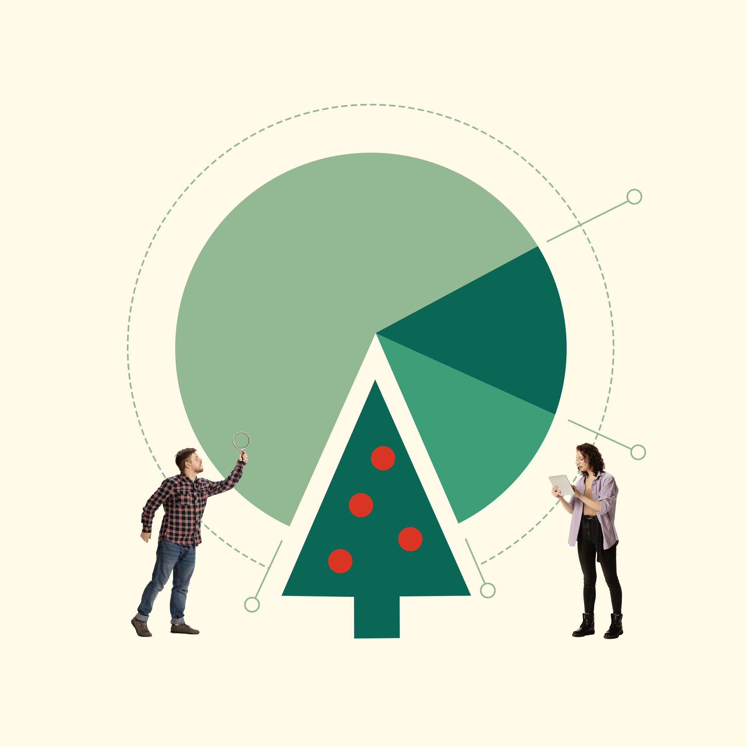 Two people interacting with a large infographic featuring a pie chart and tree graphic.