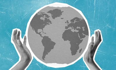 Hands holding a stylized globe against a textured blue background.