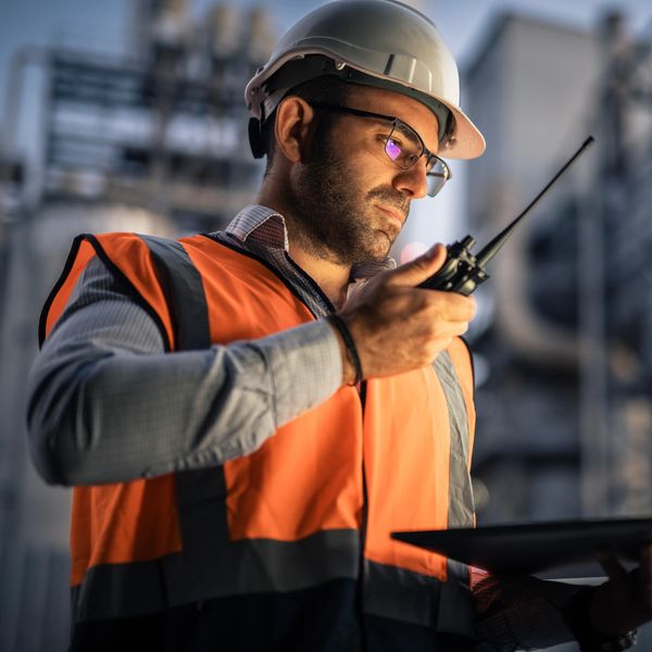 An engineer in a hard hat and safety vest holds a laptop and walkie-talkie at a site.