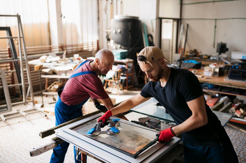 Glass factory workshop, a young man fits glass into a window frame held by a senior glazier. Captures the collaborative effort and expertise in window assembly