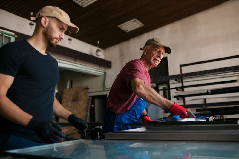 Two workers working in windows manufacturing workshop. Senior man fitting glass in frame with young man standing by and watching.
