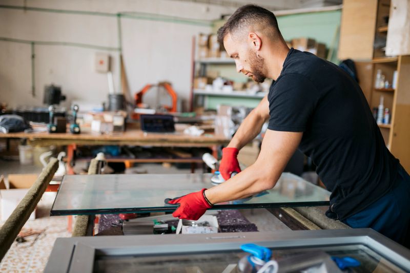 Male worker carefully fitting glass into an aluminium frame at a glass factory workshop. Skill and craftsmanship in window production.