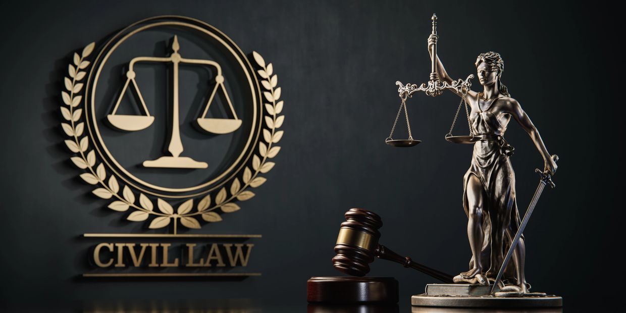 Civil Law and Civil Litigation and Lady Justice holding scales in one hand and a sword in the other  