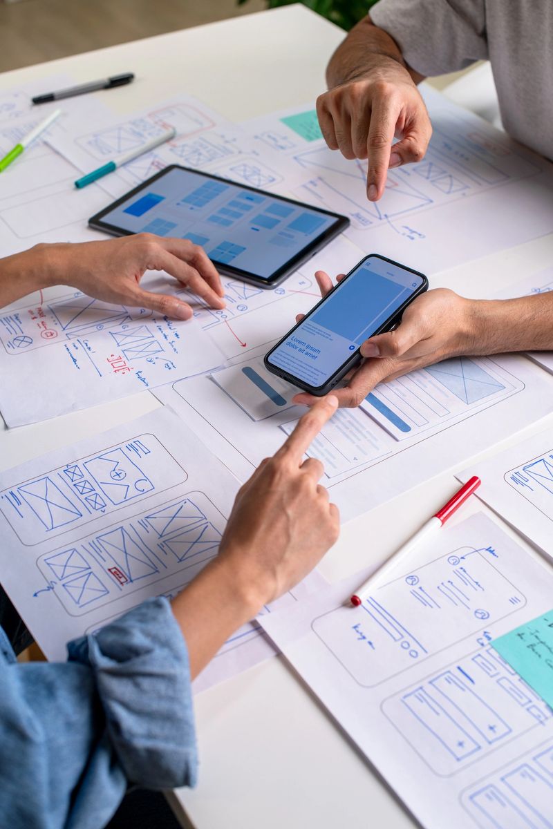 UX/UI designer testing prototype on a phone, discussing and brainstorming on wireframes for a website and mobile app prototype, surrounded by sketches of user flow and design tools, in the concept of website and mobile application design concept.