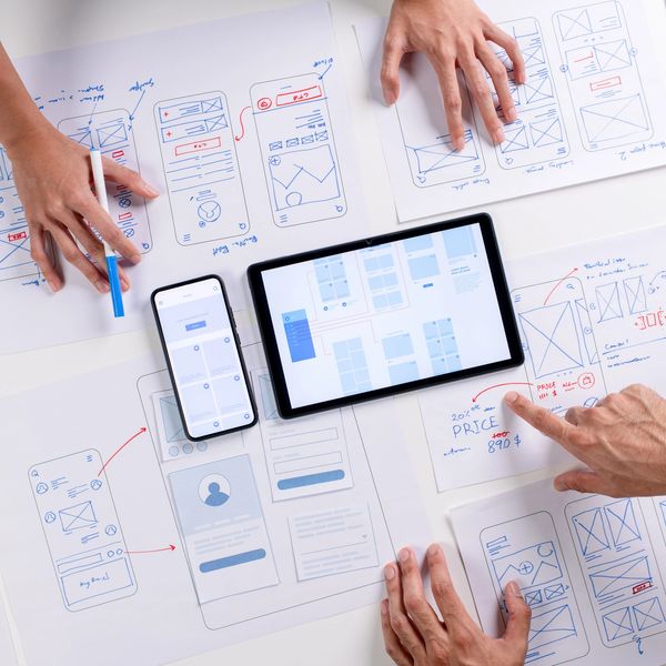Hands working on mobile app wireframes and prototypes on paper and digital devices.