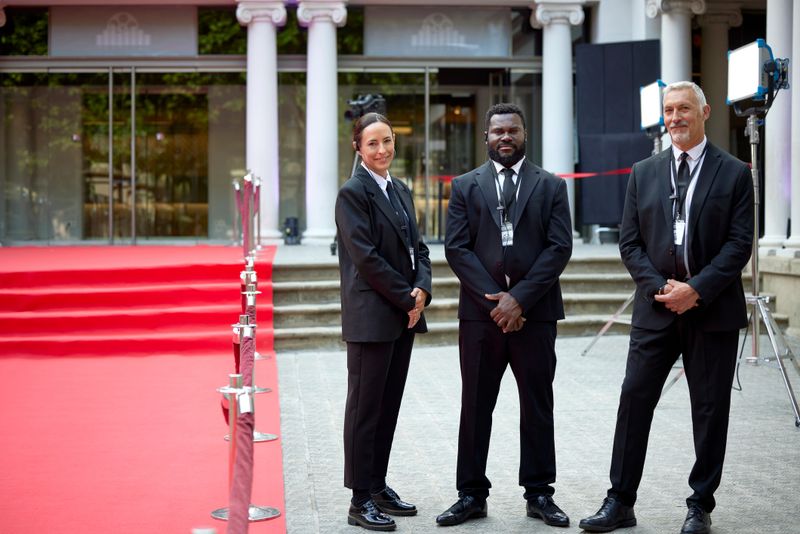 Smiling male and female security staffs standing at red carpet event. Bodyguards are guarding building entrance. They are wearing black suits.