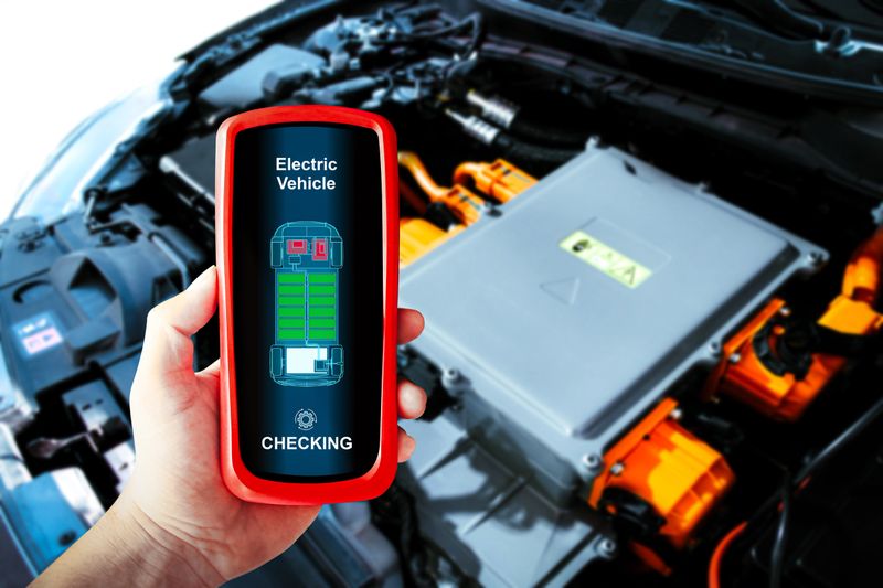 Car technician checking electric vehicle system problems with a wireless scan tool , EV electric vehicle technology concept