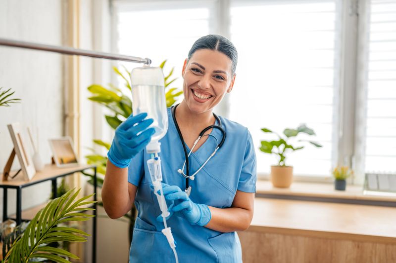 Portrait of a home care nurse adjusting and preparing an IV drip inside an apartment,