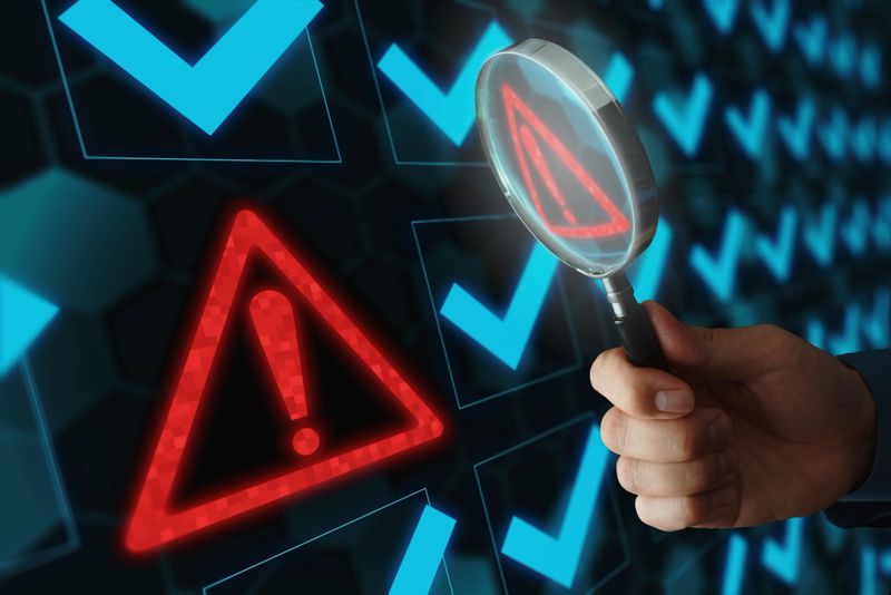 Red triangle with exclamation mark and many other checkmark icons. Hand holding magnifying glass.