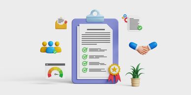Clipboard with checklist and icons representing business and productivity.