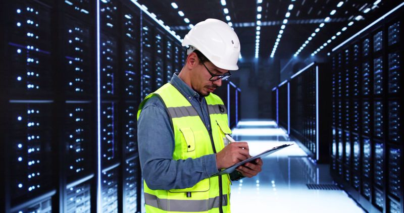 Engineer Doing OSHA Safety Inspection At Data Center Server Room