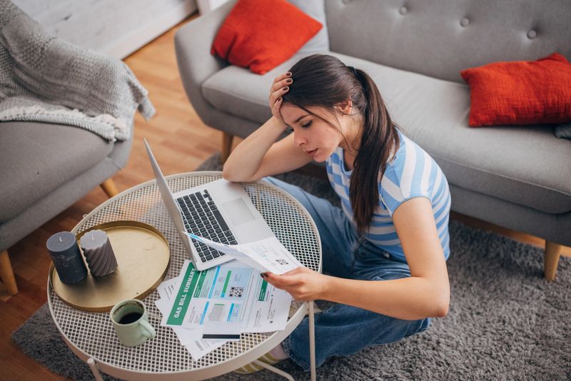 A woman holding her head in contemplation while going through bills and using a laptop in her living room, representing the common experience of managing household expenses.