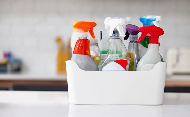 Box with cleaning products on the kitchen counter at home - domestic life concepts