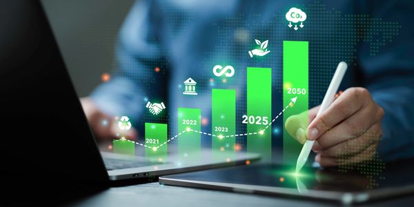 Digital tablet displaying rising sustainability goals from 2021 to 2050.