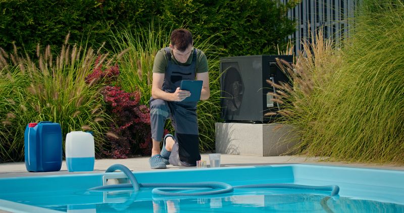 A pool maintenance technician in a green t-shirt and overalls is kneeling by the edge of a swimming pool, closely reviewing data on a tablet. The scene is set in a well-maintained outdoor area surrounded by tall ornamental grasses and plants, with two large chemical containers placed near the pool. The technician is focused on ensuring the pool's water quality, emphasizing the importance of professional upkeep in maintaining a clean and safe swimming environment.