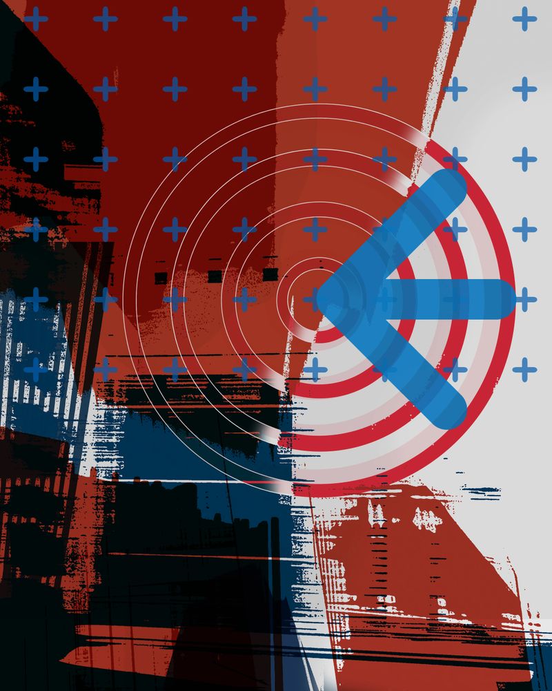 Arrows and Target on coloured graphic abstract background containing abstract shapes of buildings.